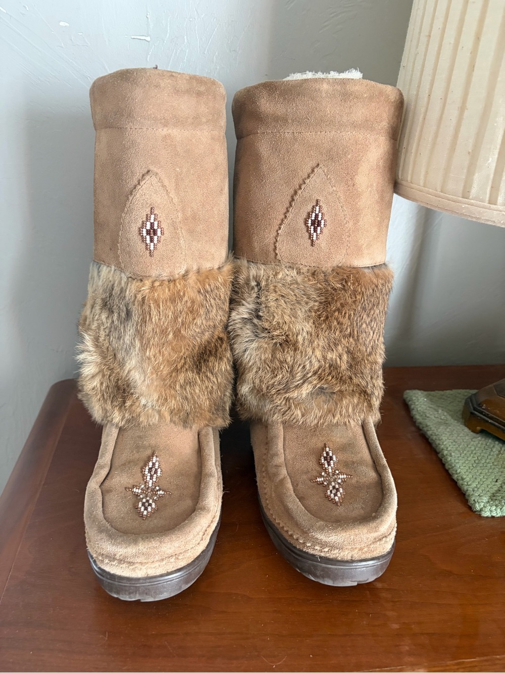 Women's Tan Suede real rabbit  Fur Winter Boots with Beaded Accent